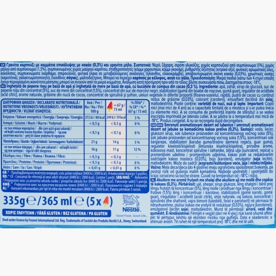 Înghețată pe bază de apă cu pepene roșu și măr, cu bucăți de ciocolată 5x73ml (5x67g)