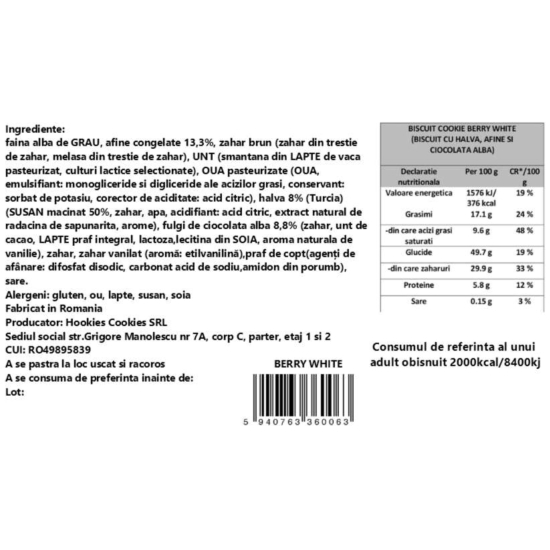 Cookie-biscuit cu halva, bucăți de ciocolată albă și afine Berry White 50g