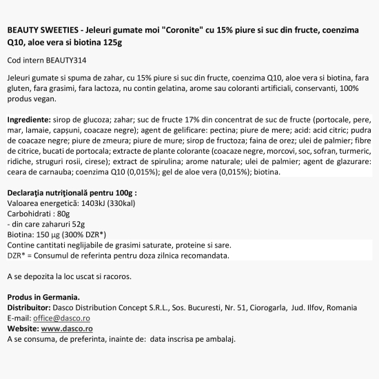 Jeleuri gumate cu aromă de fructe, coenzima Q10, aloe vera și biotină 125g