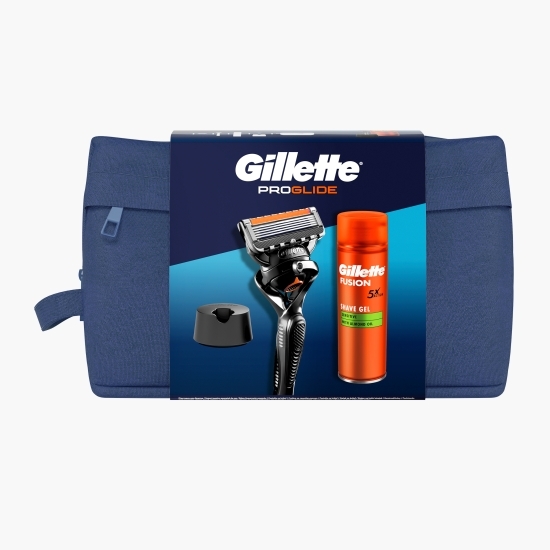Set cadou Proglide: aparat de ras + gel de ras Fusion Ultra Sensitive 200ml + suport aparat de ras + trusă de voiaj