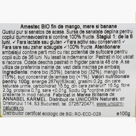 Piure eco din mango, mere și banane, pentru copii 6+ luni, 100g