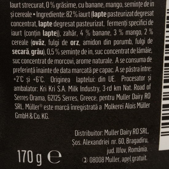 Iaurt proteic cu banane, mango și cereale, 0% grăsime, 170g