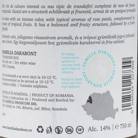 Vin alb sec Traminer, 14%, 0.75l