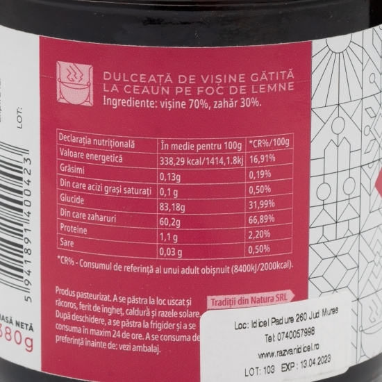 Dulceață de vișine, gătită la ceaun pe foc de lemne 380g