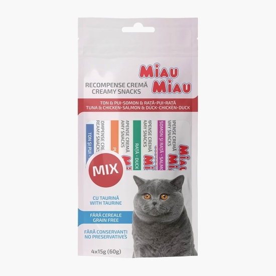 Recompense cremoase pentru pisici, cu pui, rață, somon și ton, 4x15g (60g)