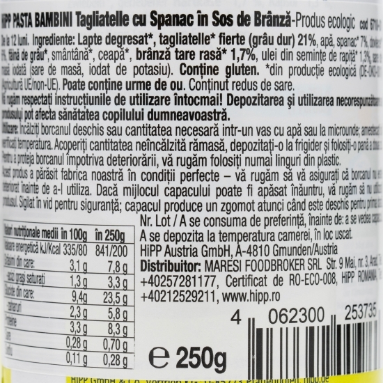 Paste tagliatelle eco cu sos de spanac,+12 luni, 250g