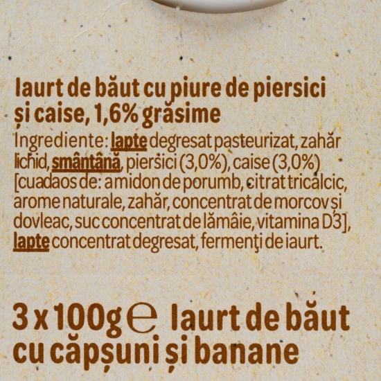 Iaurt de băut cu piure de căpșuni/ banane și piersici/caise 6x100g 