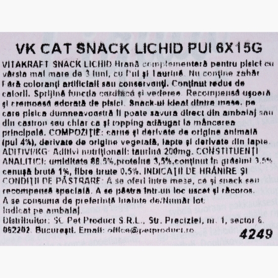 Snack lichid pentru pisici, cu pui și taurină, 6x15g