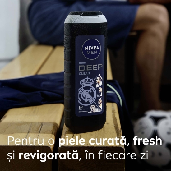 Gel de duș pentru bărbați Deep Clean 3în1, pentru corp, față și păr, ediție limitată Real Madrid 500ml