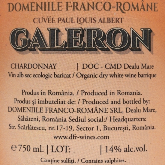 Vin alb sec eco Galeron, Chardonnay, 14%, 0.75l
