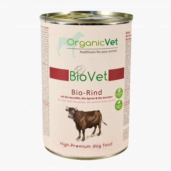 Hrană eco umedă pentru câini, 400g, cu vită, spanac și morcov 