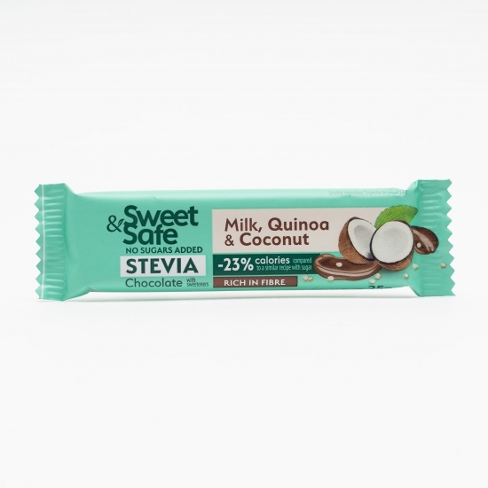 Ciocolată cu lapte, quinoa, cocos, fără zahăr și îndulcitor stevie 25g