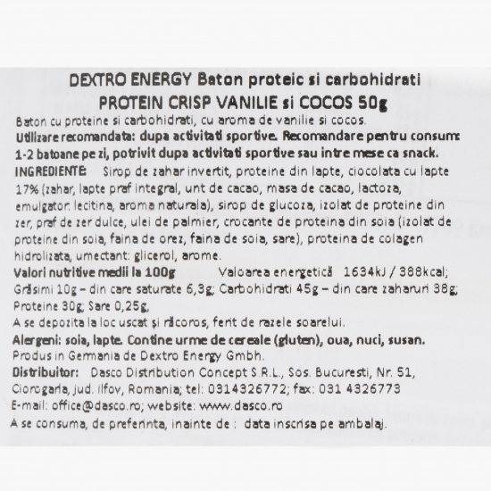 Baton proteic + carbohidrați Protein Crisp vanilie și cocos 50g