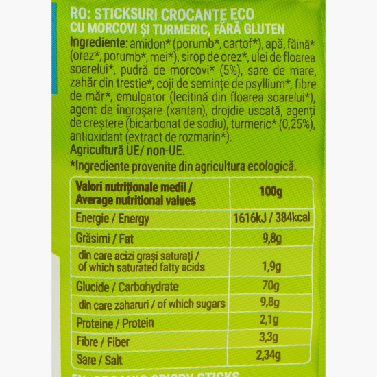 Sticksuri crocante eco cu morcovi și turmeric, fără gluten, 45g