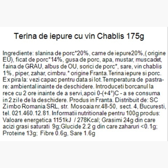 Terină de iepure cu vin Chablis 175g