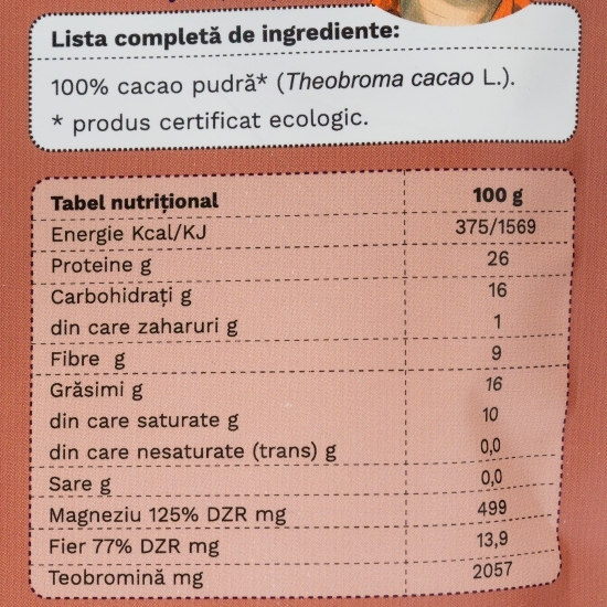 Cacao, pulbere ecologică pură 200g