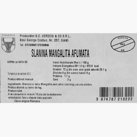 Slănină afumată din porc Mangalița 300g