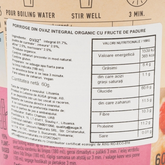 Porridge eco instant din ovăz integral cu fructe de pădure 60g