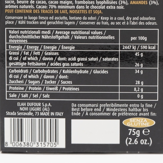 Ciocolată neagră extra cu 70% cacao, zmeură și migdale 75g