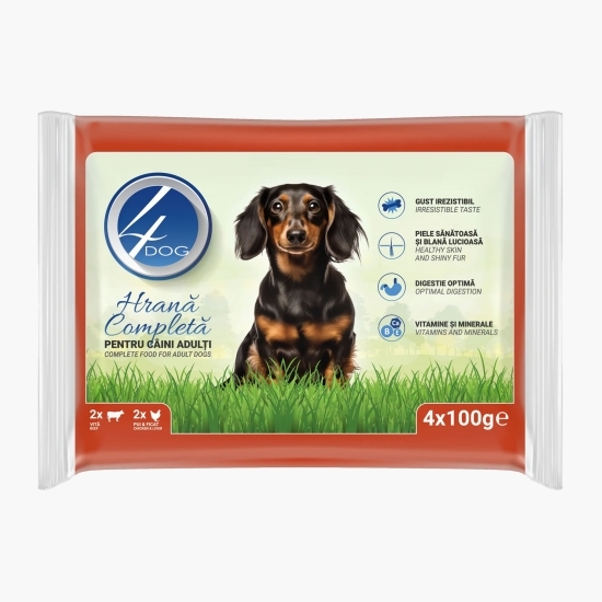 Hrană umedă pentru câini adulți, cu vită și pui & ficat, pachet mixt, plicuri 4x100g
