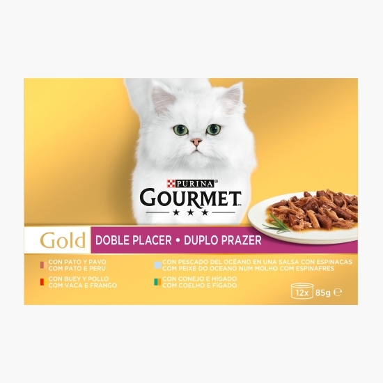 Hrană umedă pentru pisici Gourmet Gold, 12x85g, mix de arome (rață & curcan, vită & pui, pește, iepure & ficat)
