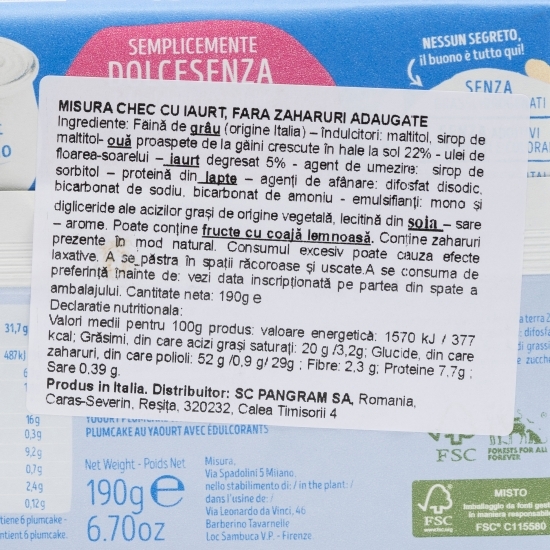Chec cu iaurt, fără zahăr adăugat, 6 bucăți, 190g
