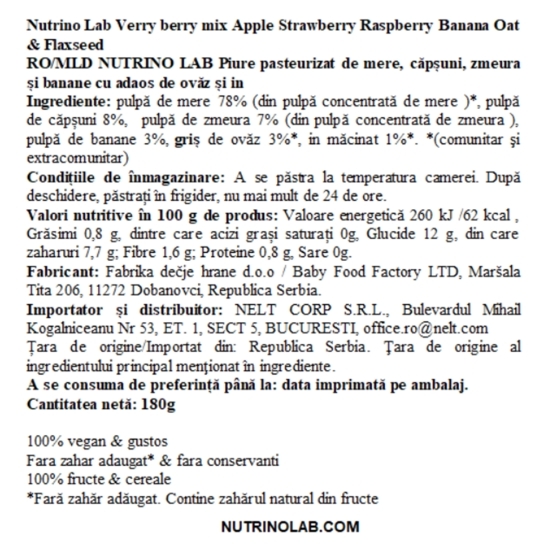 Piure cu măr, căpșună, zmeură, banană, ovăz & semințe de in Very Berry Mix 180g