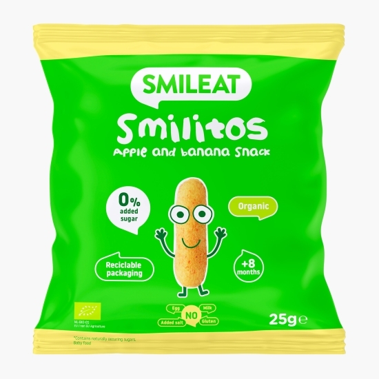 Pufuleți ecologici cu ulei de măsline, banane și mere Smilitos, +8 luni, 25g