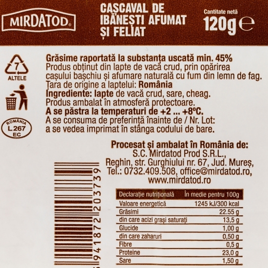 Cașcaval de Ibănești felii, afumat 120g