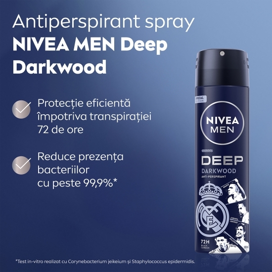 Deodorant spray pentru bărbați Men Deep Darkwood, ediție limitată Real Madrid 150ml