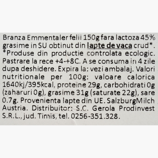 Brânză Emmentaler fără lactoză, 45% grăsime, felii, 150g