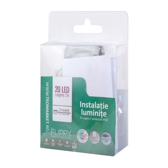 Instalație Crăciun, 2m, 20 LED-uri, multicolor, telecomandă 8 funcții, USB, fir cupru, liniar