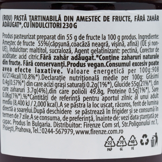 Pastă tartinabilă din amestec de fructe, fără zahăr adăugat, cu îndulcitori 230g