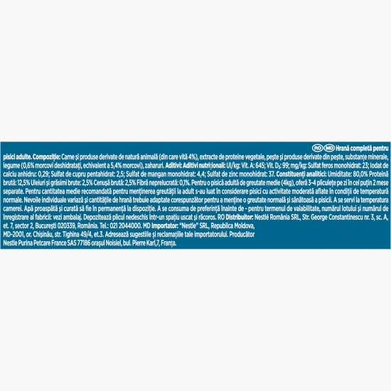 Hrană umedă pentru pisici, 85g, mini fileuri în sos, vită și morcovi