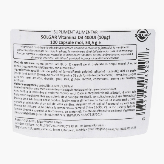 Vitamina D3, 400IU, 100 capsule moi
