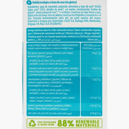 Băutură ecologică din cocos fără gluten și fără zahăr adăugat 1l
