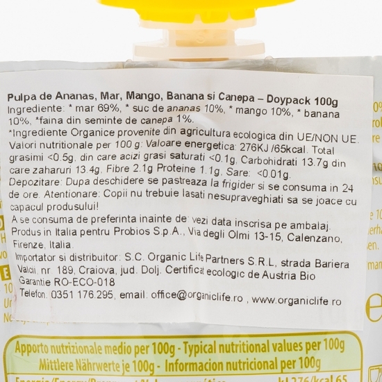 Pulpă de ananas, măr, mango, banană și cânepă eco 100g