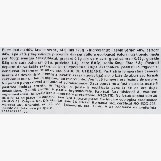 Piure eco cu 40% fasole verde, +4/6 luni, 120g