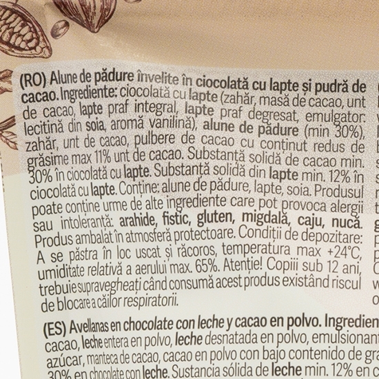 Alune de pădure învelite în ciocolată cu lapte și pudră de cacao 100g
