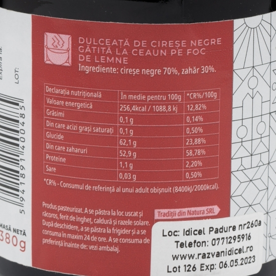 Dulceață de cireșe negre, gătită la ceaun pe foc de lemne 380g