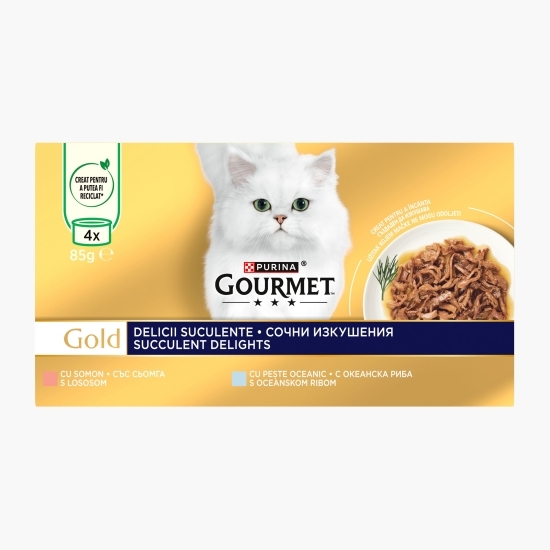 Hrană umedă pentru pisici Gourmet Gold Succulent Delights, 4x85g, mix de arome (somon și pește oceanic)