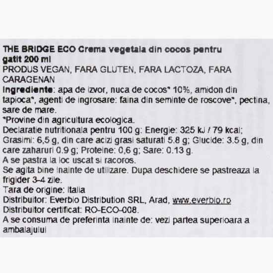 Cremă ecologică vegetală din cocos pentru gătit, fără lactoză, 0.2l