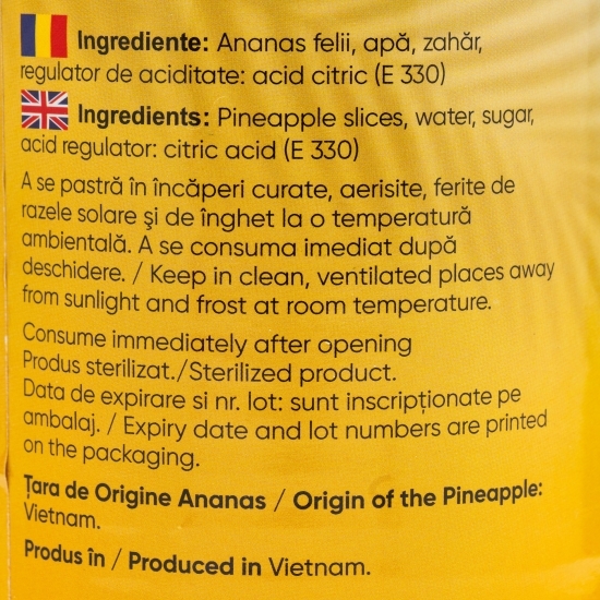 Ananas felii în sirop slab îndulcit 565g