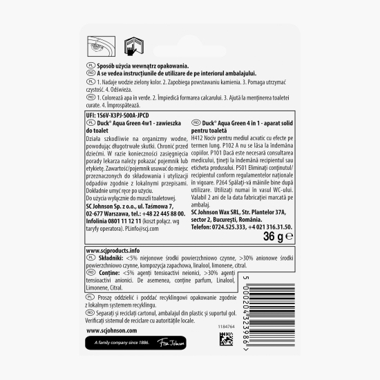 Odorizant toaletă Aqua Green 4în1, 2 buc, 72g