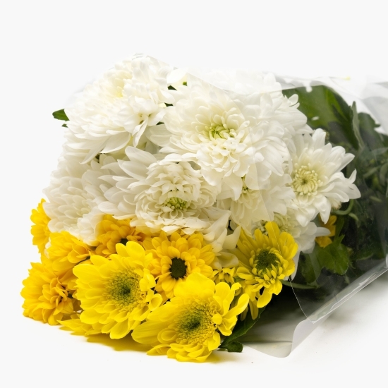 Buchet cu crizanteme albe și galbene, 3 fire