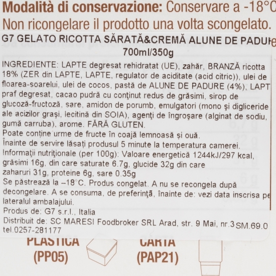 Înghețată (gelato) ricotta sărată cu cremă cacao alune 350g