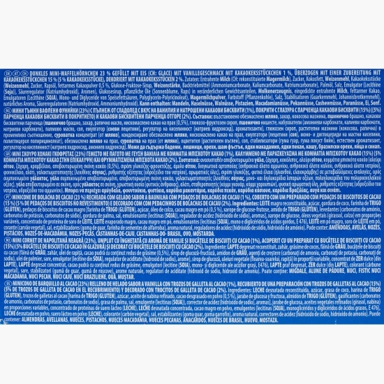 Mini cornete din napolitană cu cacao cu îngheţată cu aromă de vanilie și bucățele de biscuiți 8x17g