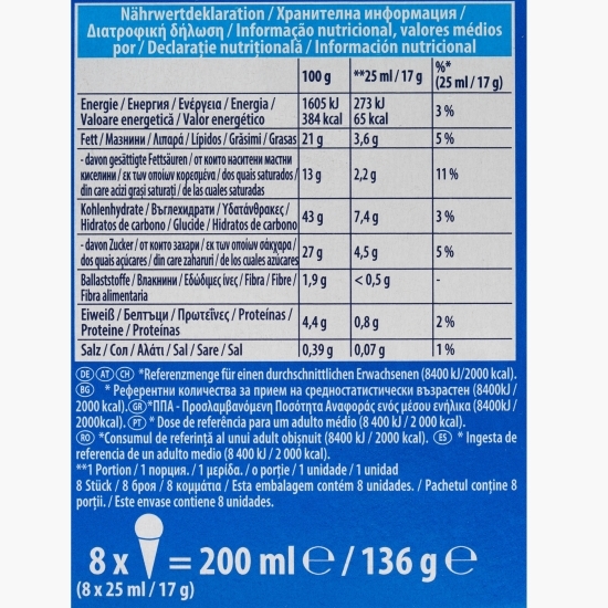 Mini cornete din napolitană cu cacao cu îngheţată cu aromă de vanilie și bucățele de biscuiți 8x17g