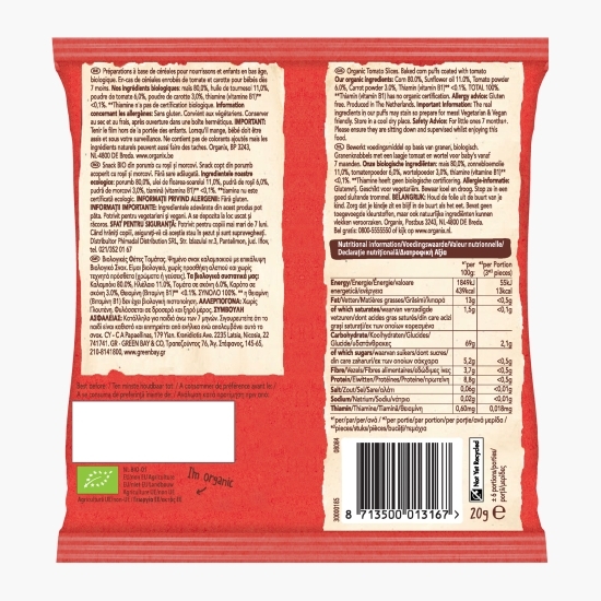 Snack ecologic din porumb cu roșii și morcovi 20g, 7+ luni