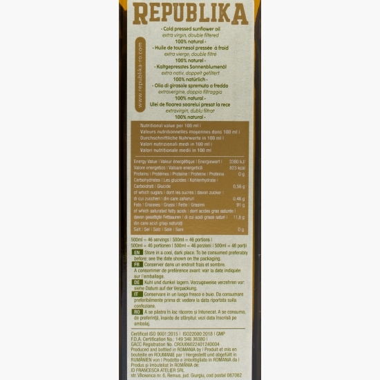 Ulei de floarea-soarelui presat la rece, extravirgin, 0.5l